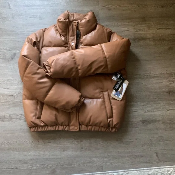 NWT Ci Sono brown vegan leather puffer jacket size small - Picture 1 of 4